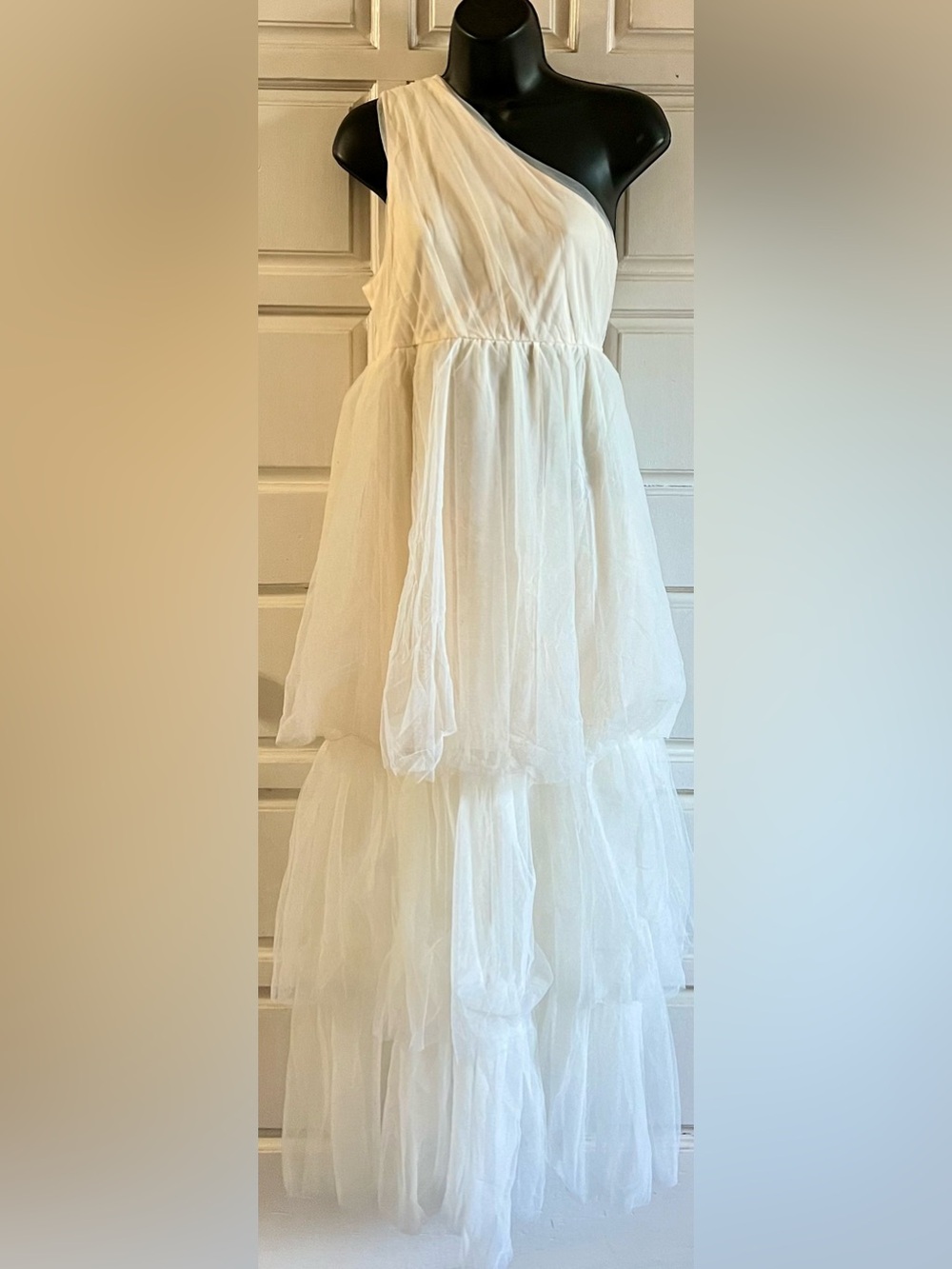 One-Shoulder White Tiered Tulle Dress
